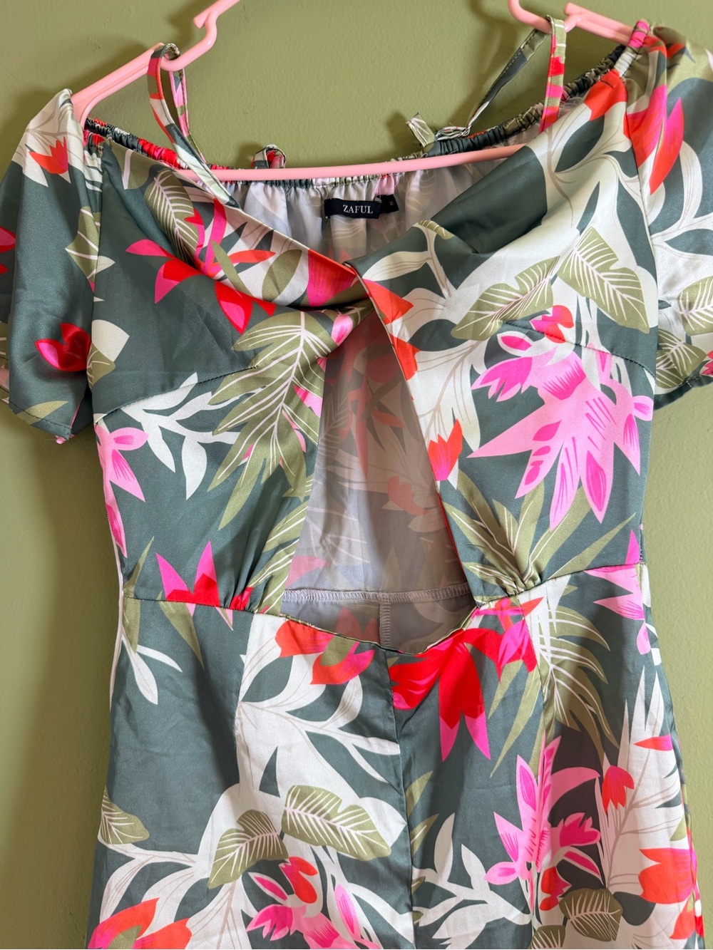 Beachy Green Tropical Floral Cutout Swim Romper with Pink Accents - Picture 3 of 9